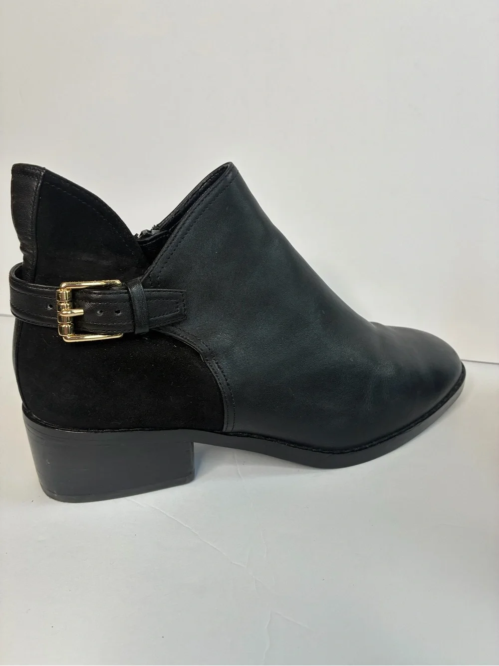 Cole Haan Black Preppy Leather & Suede Ankle Boot with Gold Buckle Size 6.5